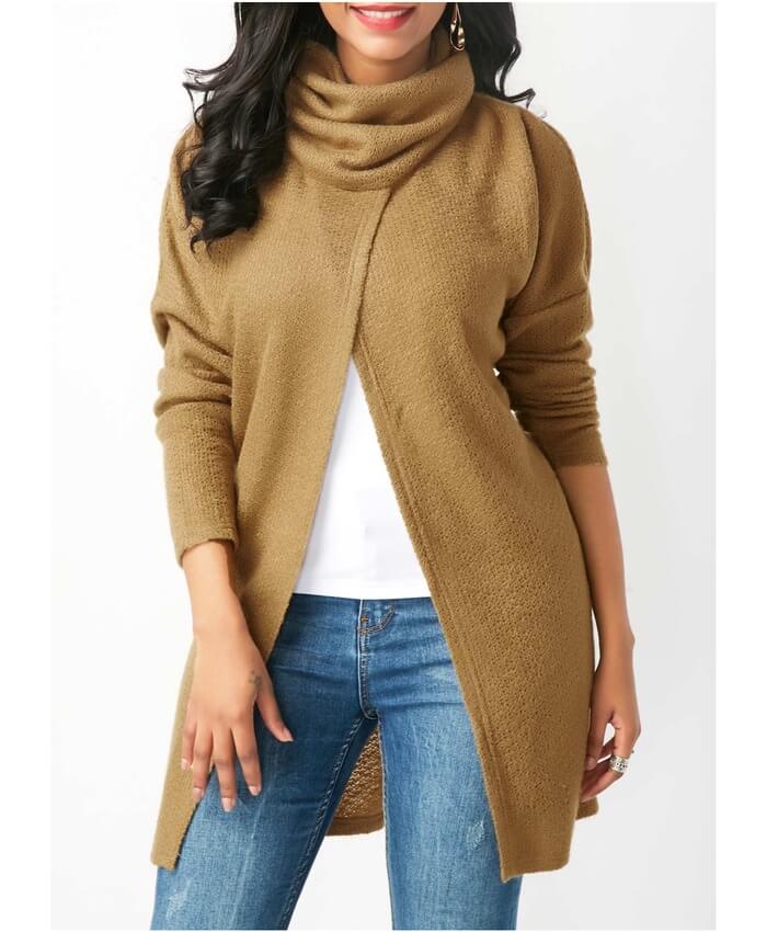 Cowl Neck Crossover Hem Tan Brown Longline Blouse